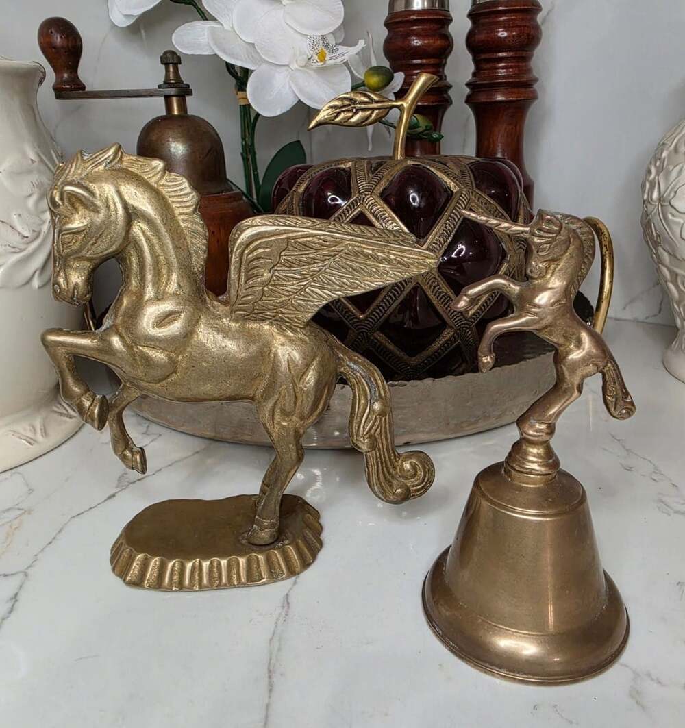 Vintage Solid Brass Pegasus Figurine Statue & Unicorn Bell